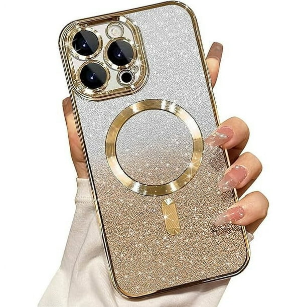 wonima11 Misscase for iPhone 14 Pro Max Magnetic Glitter Case Compatible with MagSafe,Camera Lens Protector Full Protection Elegant Anti-Scratch Dust-Proof Net Case Cover for iPhone 14 Pro Max Gold