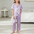 thumbnail image 2 of larppty Silk Pajamas for Girls 2 Piece Short Sleeve Button Down Pjs Soft Smooth Sleepwear Set (6-7 Years,Purple), 2 of 4