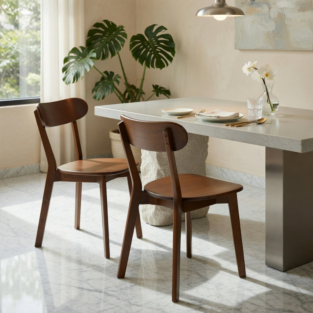 Hommoo Mid Century Modern Solid Wood Dining Chairs Set of 2, Ergonomic Curved Backrest, Adjustable Leveling Feet, for Dining Room, Kitchen & Living Room, Walnut