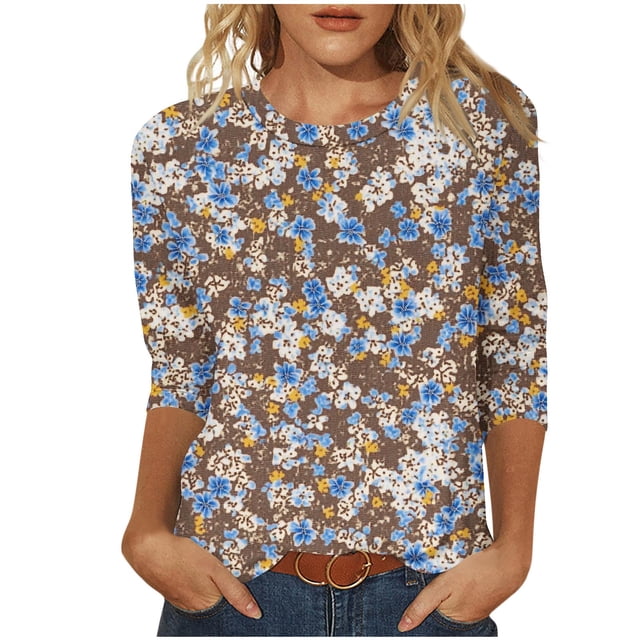 Staron Liquidation Blouses d'Été pour Femmes 2025 T-Shirts à Manches 3/4 Col Rond Décontractés Doux Basiques Hauts à Imprimé Floral