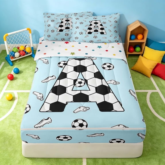 Manfei Boys Girls Soccer Zipper Twin Comforter Sets with Fitted Sheet and 2 Pillowcases, Cartoon Monogrammed A Zipper Bedding Set, Light Blue Black A