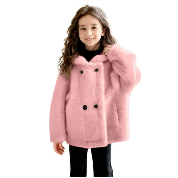 NAISIBABY Girls Faux Fur Coat (5-14T), Hooded Fluffy Thermal Lined Double-Breasted Winter Fashion Warm Coat Pink 9T