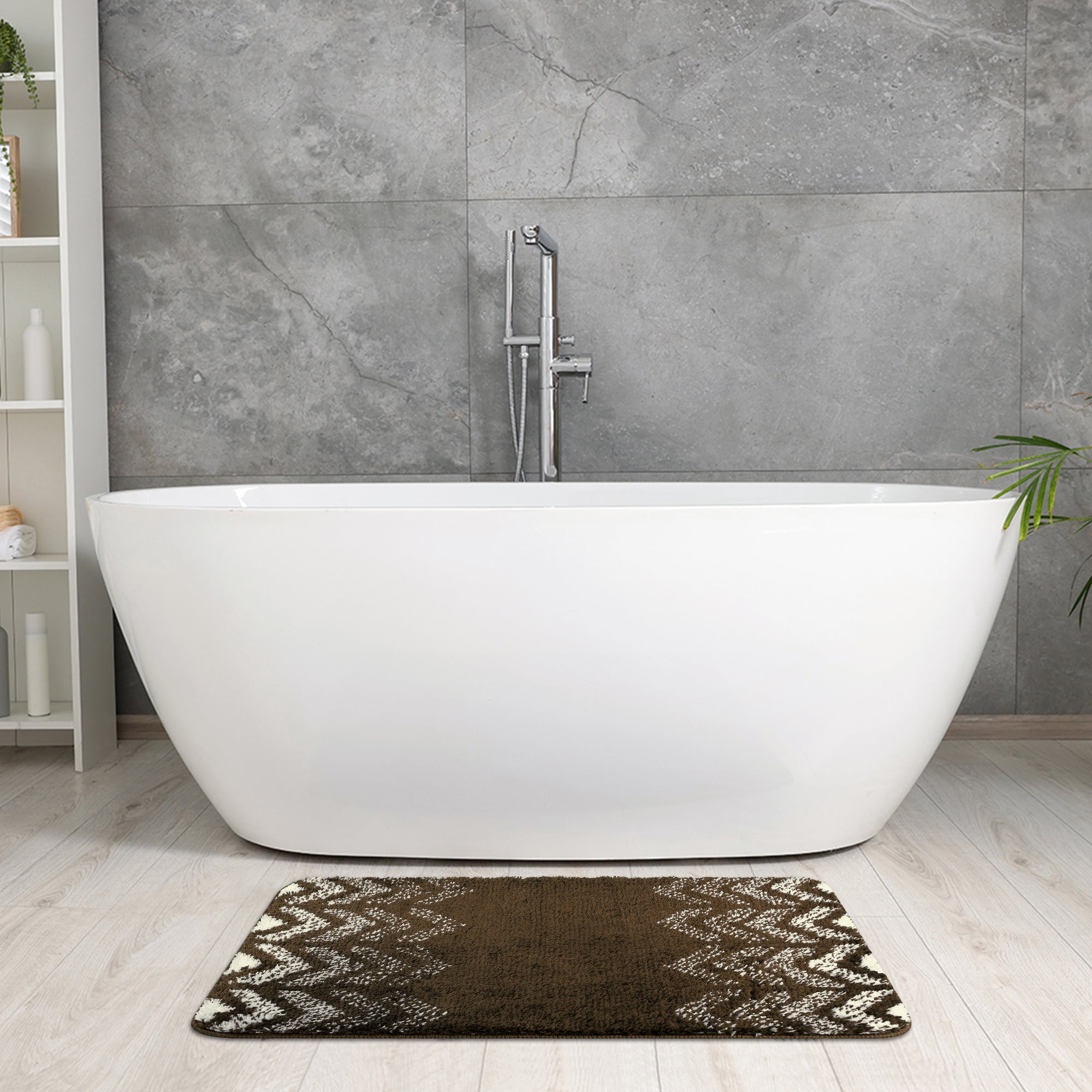 Unique Bargains 2 Pcs Geometric Patterns Bathroom Mats Absorbent Non-Slip Bath Rugs Brown 16" x 24"/20" x 32"
