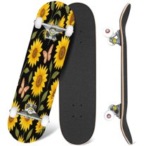 31'' Complete Skateboard 7 Layer Canadian Maple Double Kick Deck Skateboards Watercolor sunflowers butterflies black Bright summer Skate Board for Beginner Adult Gifts