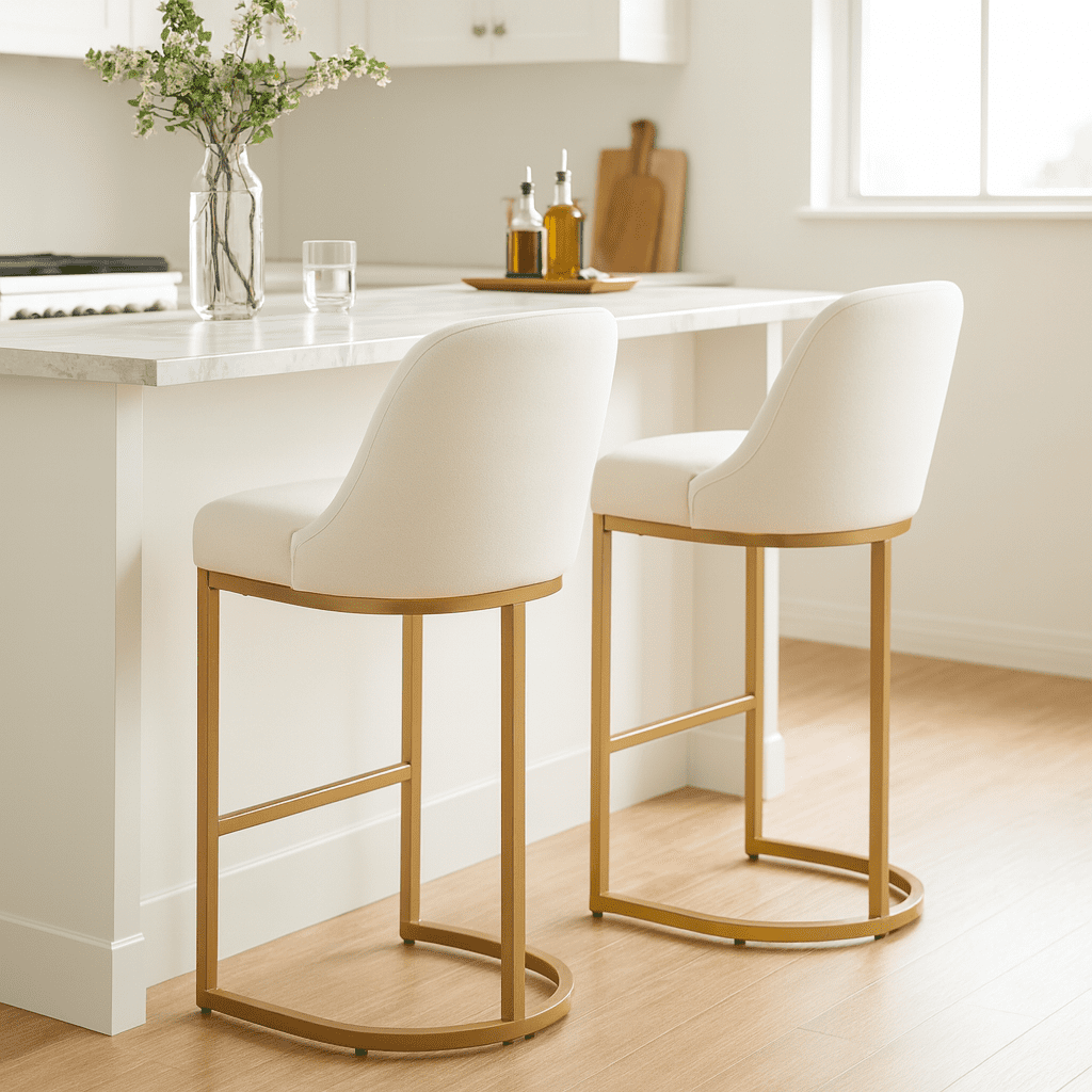 Leick Home Barrel Back Bar Stools with High Density Foam Seat, White/Gold (Set of 2)