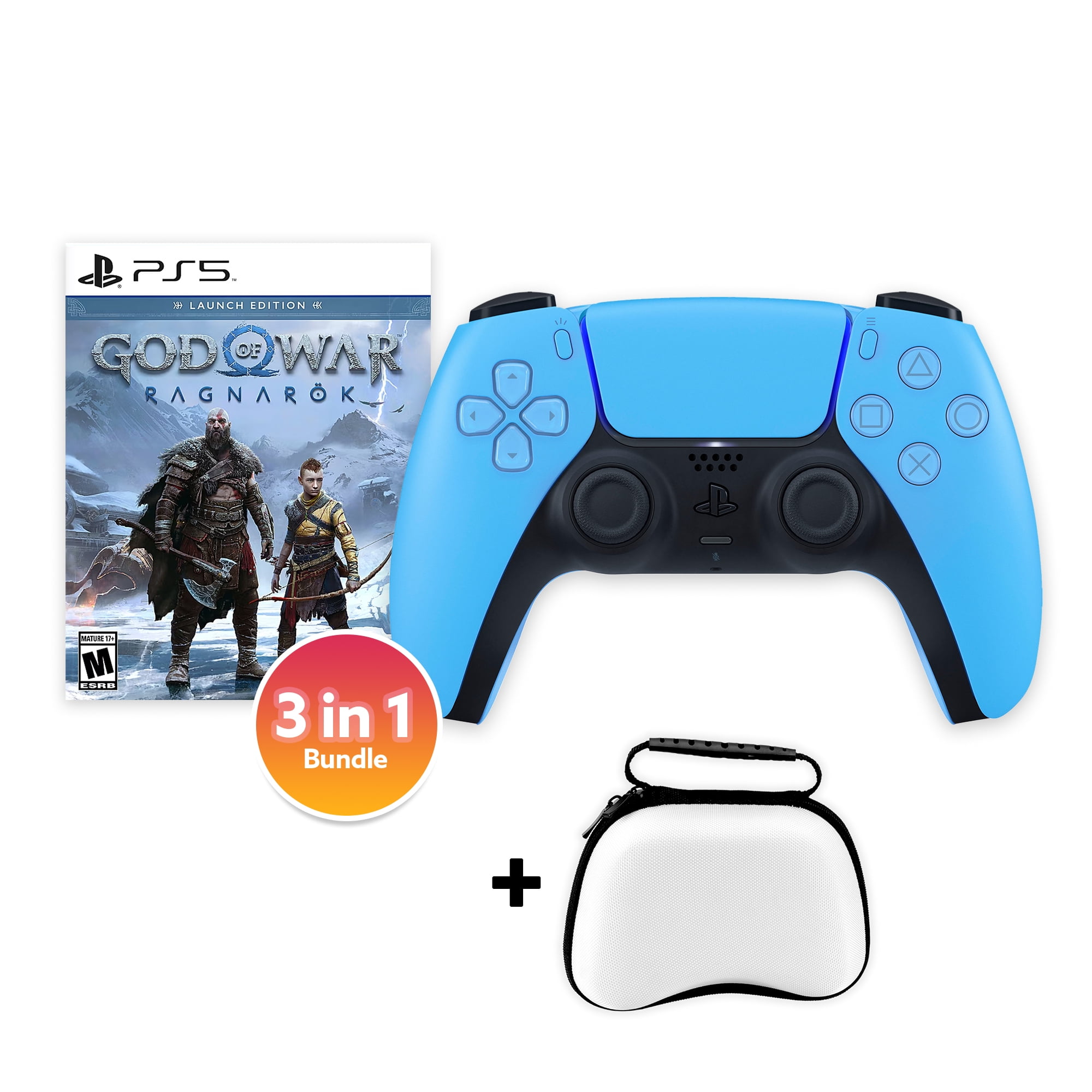 PlayStation 5 DualSense Controller Starlight Blue with God of War Ragnarok and Mytrix Hard Shell Controller Protective Case - 3 in 1 Bundle for PS5