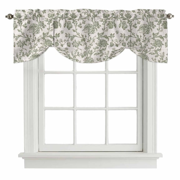 Spring Flowers Tie Up Valance Curtains for Windows, Kitchen Curtains Window Shades, Farmhouse Sage Green Pastoral Floral Leaf Light Filtering Roman Curtain Valances for Bedroom/Bathroom/Cafe 42"x12"