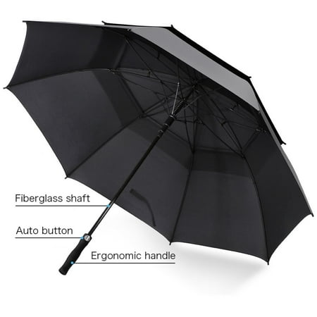 HERCHR 62 Inch Automatic Open Golf Umbrella, Double Canopy, Vented Windproof Big Oversize Umbrella, Real Double-Layer Super Strong Wind 8 Bone Semi-Automatic Umbrella (210T Cloth) (Best Golf Umbrella For Wind)