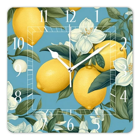 12 Inch Wall Clock Battery Operated Square Clock Decorative for Office, Kitchen, Outdoor, Living Room，Lemon Citrus Pattern Exquisite Art