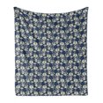 thumbnail image 1 of Floral Soft Flannel Fleece Throw Blanket, Classic Victorian Style Artwork Motifs with Curved Leaves and Blooms, Cozy Plush for Indoor and Outdoor Use, 70" x 90", Eggshell and Night Blue, by Ambesonne, 1 of 5