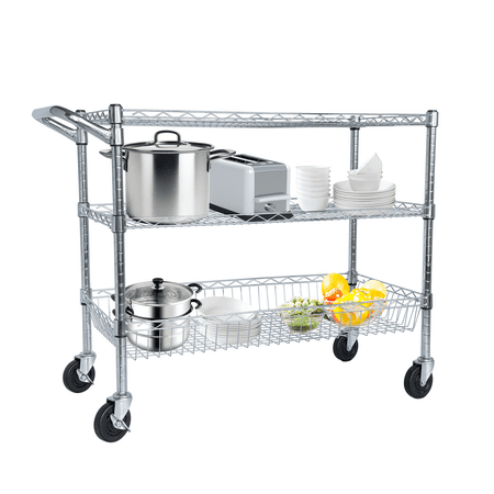 HiiKaa Heavy Duty Rolling Utility Cart,3 Tier Chrome Wire Shelving Unit with Wheels,600 lbs Capacity,Adjustable Shelves,Push Handle & Shelf Liners,36"x 18"x 32" Storage Cart for Kitchen,Warehouse