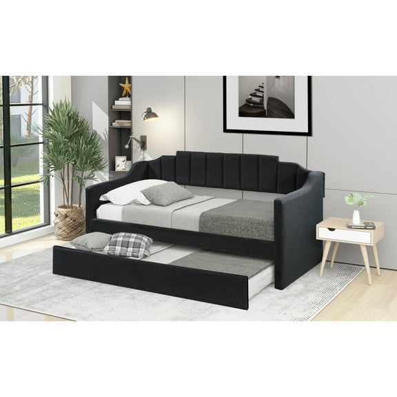 Upholstered Twin Daybed with Trundle,Black