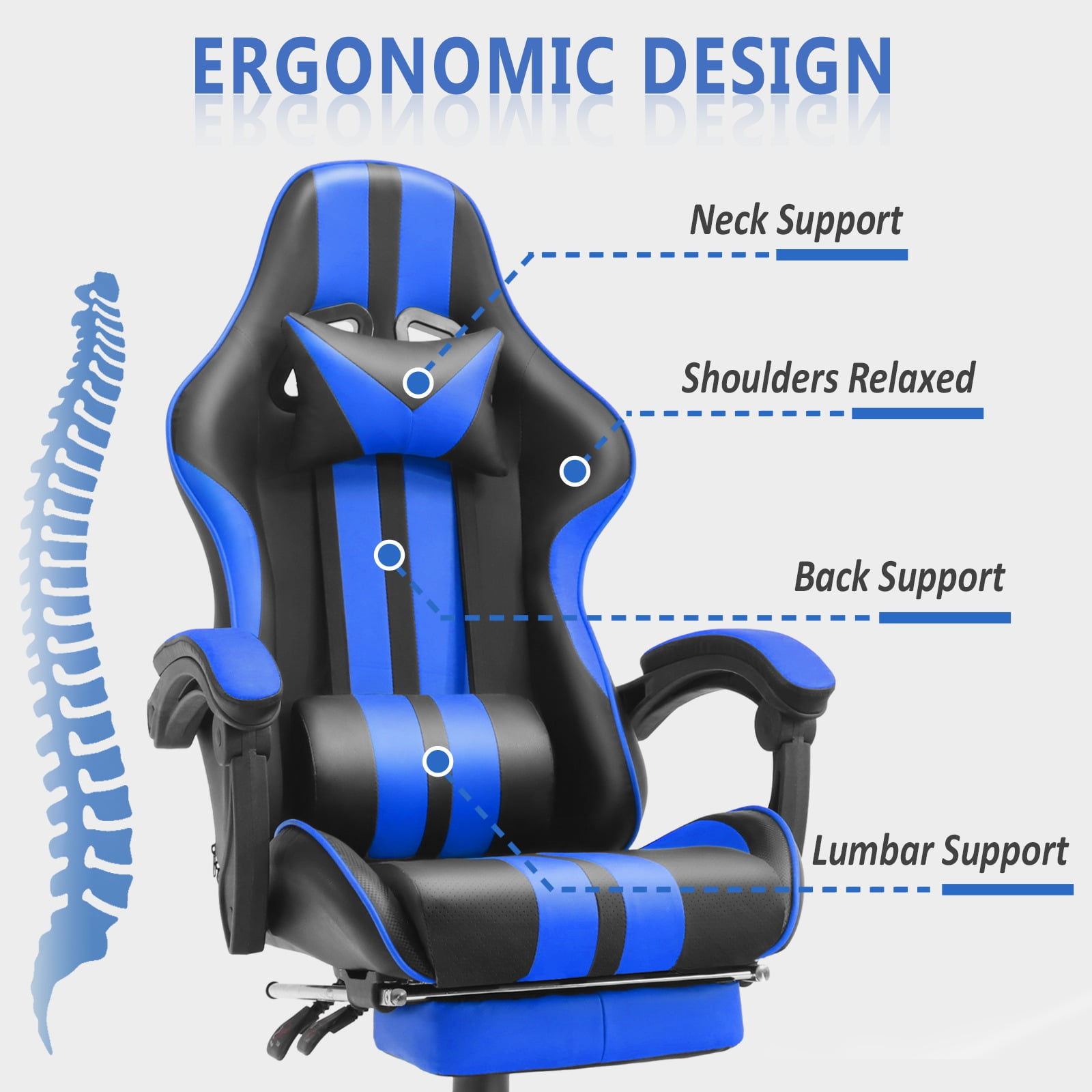 SOONTRANS Gaming Chair, Blue Gamer Chair with Footrest, Ergonomic Office Chair for Adult, Reclining Computer Chair with Massage Lumbar, Adjustable Game Chair