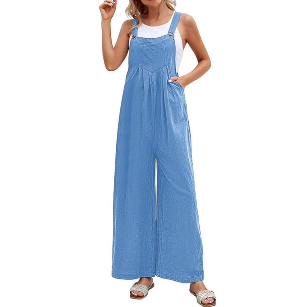 Mono informal liso para mujer: mono largo sin mangas con botones y bolsillo, corte holgado, tejido de poliéster, perfecto para la playa, fiestas y uso diario