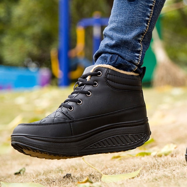 LSLJS Chaussures Compensées pour Femmes, Chaussures Montantes en Coton Surface en Cuir Chaussures à Bascule Espadrilles pour Femmes Chaussures de Voyage à Semelle Épaisse Chaussures de Course