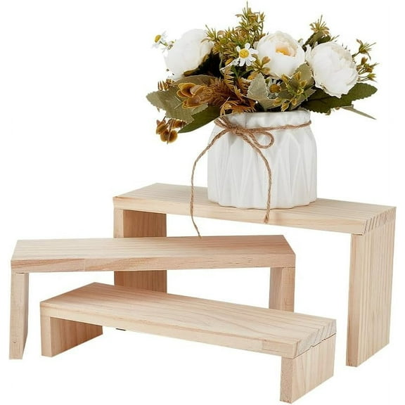 3-Tier Wood Display Riser Stand 9.8x3.1 inch Rectangular Shelf Organizer Unfinished Wooden Display Risers Shelf Wood Display Stand for Jewelry Display Storage Display Collection