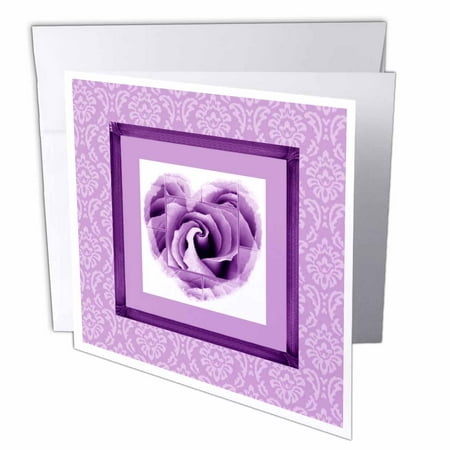 3dRose Dreamy rich purple heart rose with lavender purple look and damask frame, Greeting Cards, 6 x 6 inches, set of