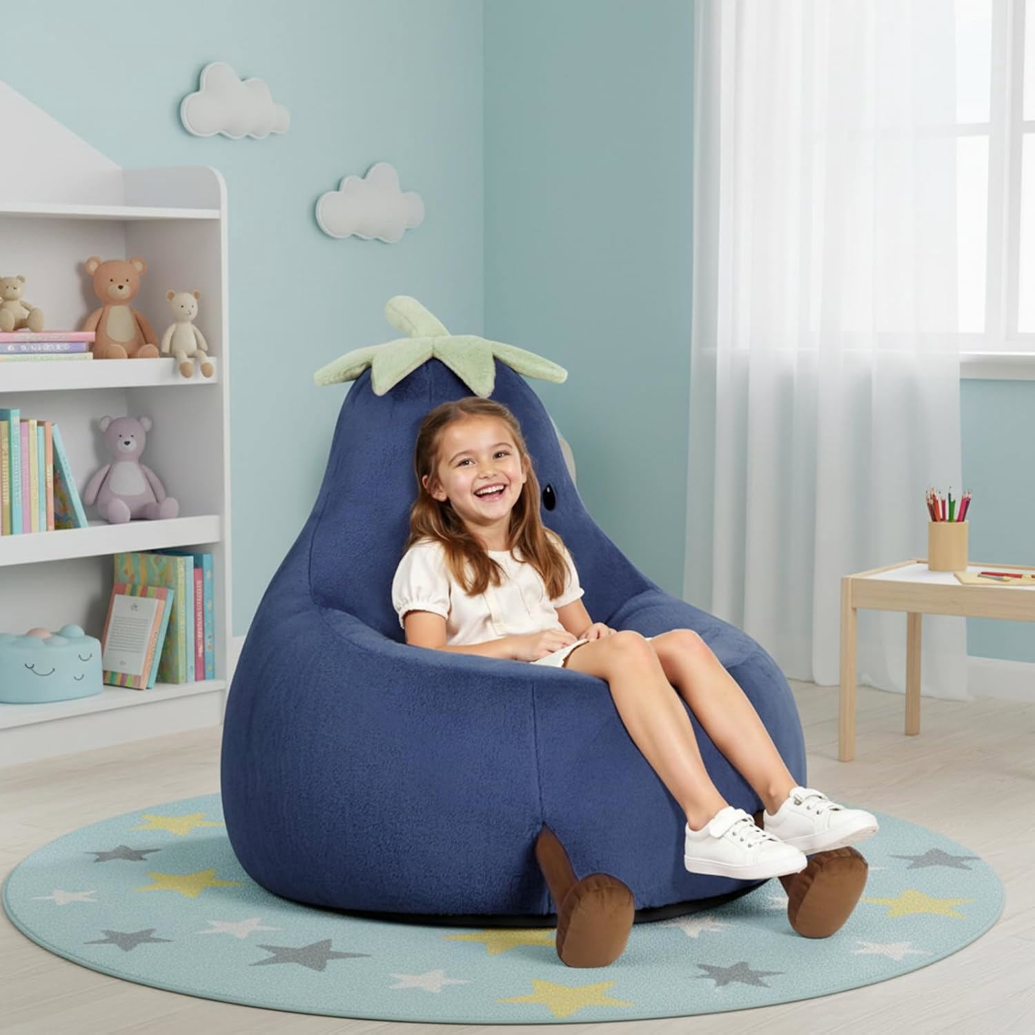 CONCETTA 24in Bean Bag Chair, Soft Faux Rabbit Fur Fabric, Cute Eggplant Lazy Chair for Kids, Living Rooms, Dark Blue