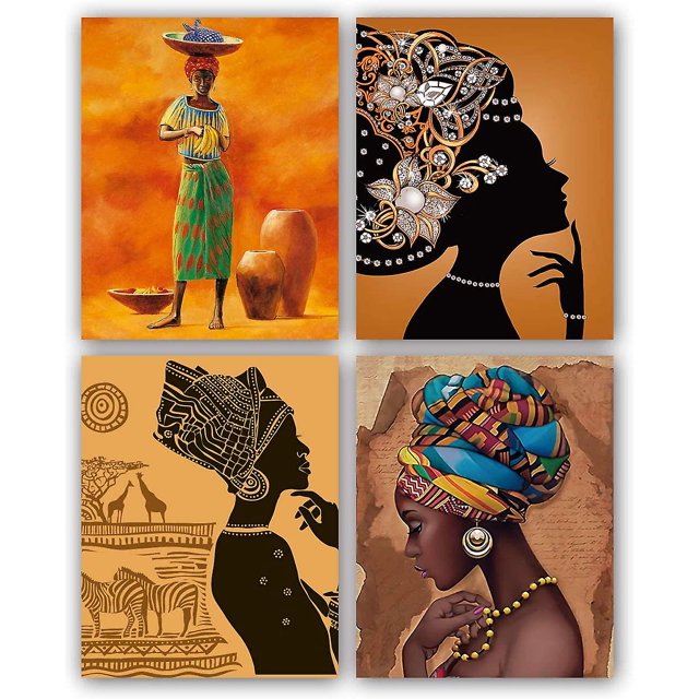 Juego de 4 pinturas de arte de pared para mujer negra antigua étnica afroamericana (imagen de lienzo de 8 x 10) para sala de estar de oficina, 11 Feliz Sencillez