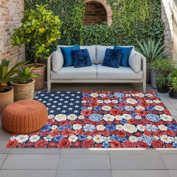 4th of July Outdoor Rug 3x5 ft Red White and Blue Poppy Outdoor Large Area Rug Non Slip Patriotic American Flag Front Door Mat RV Rug Carpet Patio Outdoor Rugs for Backyard Balcony Deck Porch Indoor