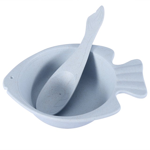 Cuenco duradero en forma de pez con paja de trigo para niños y bebés con cuchara (azul)