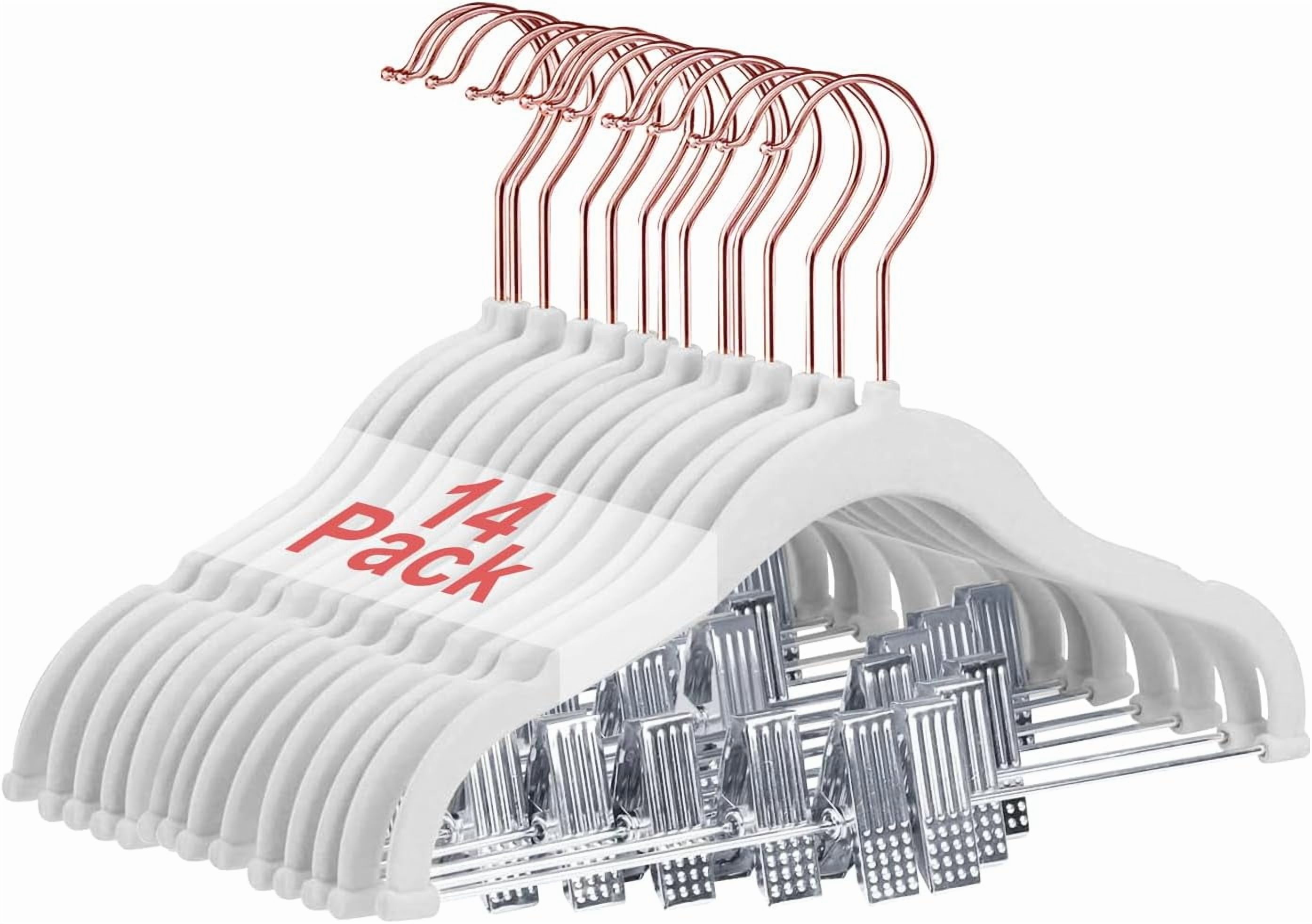 Baby Hangers with Clips, 14 Packs Kids Velvet Clothes Hangers, Heavy-Duty Childrens Pant Hangers for Shirts, Pants, Skirts, Dresses, Jackets, Coat White - Rose Gold Hook