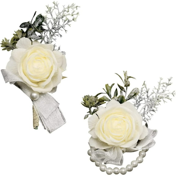 Wrist Corsage Flower Set 2pcs Boutonniere Buttonholes Groom and Pearl Wrist Corsages Rose Corsage Wedding Flowers for Wedding Bridesmaid Bridal Prom Party Suit Decorations DIY
