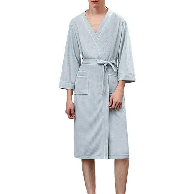 HBFAGFB Mens Bathrobe Lace up Long Sleeves Mid Length Robe Casual Homewear with Pockets Green Size XL