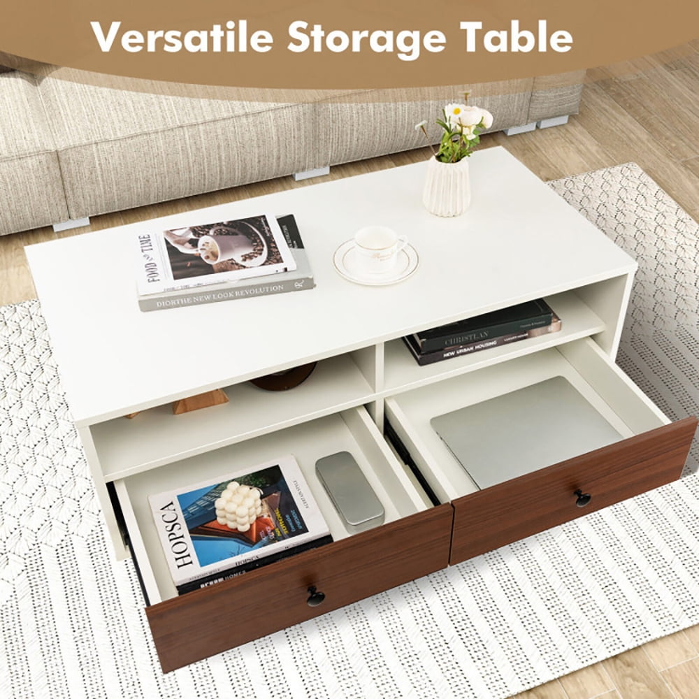 Finihen Coffee Table, Rectangular Coffee Table, 2 Tier 40 Inch Length Modern Rectangle Coffee Table with Storage Shelf and Drawers, for Living Room, Reception Room, Office, White Finihen Coffee Table, Rectangular Coffee Table, 2 Tier 40 Inch Length Modern Rectangle Coffee Table with Storage Shelf and Drawers, for Living Room, Reception Room, Office, White