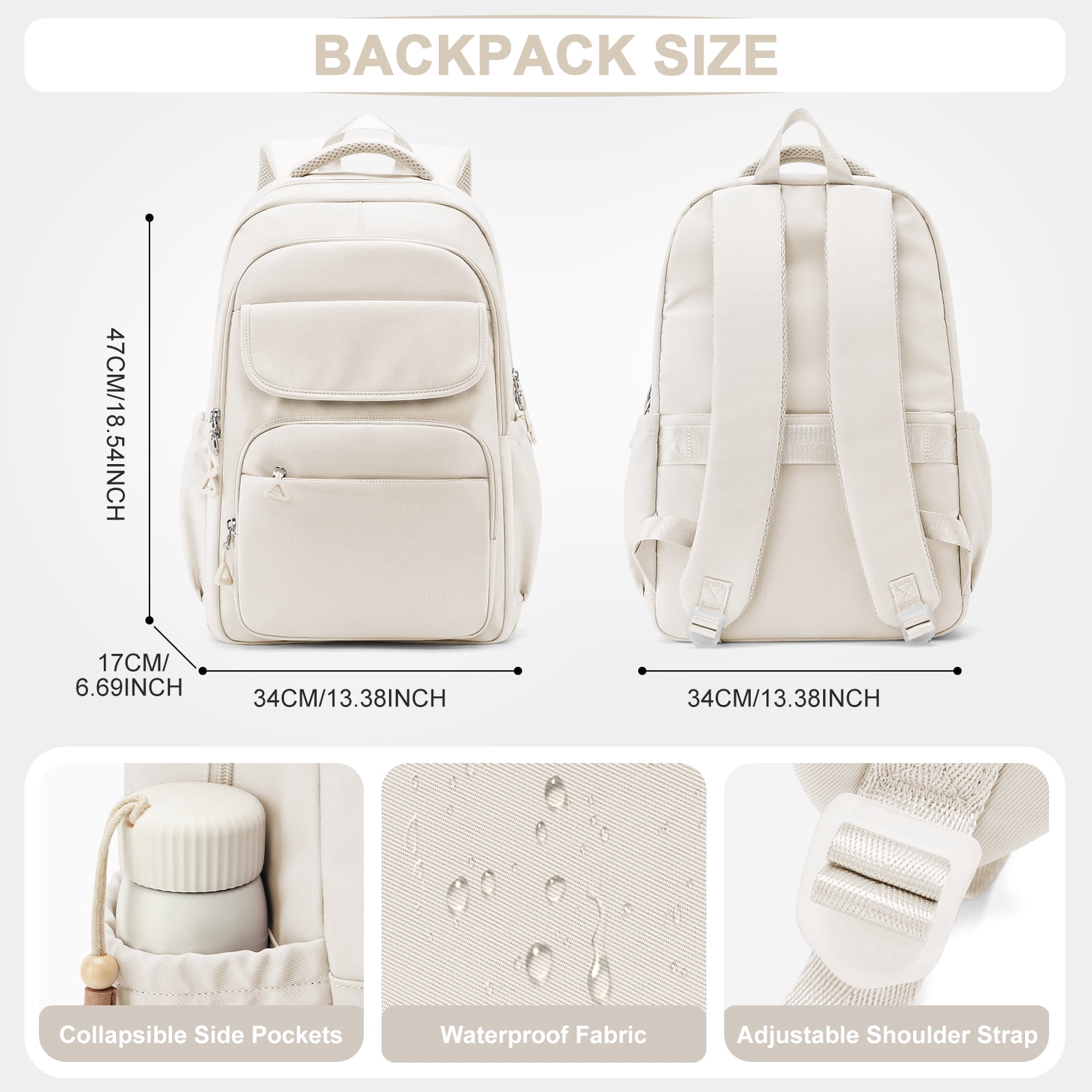Cute Backpack for Women Men, Waterproof High School Bag Basic Backpack for College Students, Travel Laptop Backpack Lightweight Casual Daypack, Middle School Bookbag, Beige