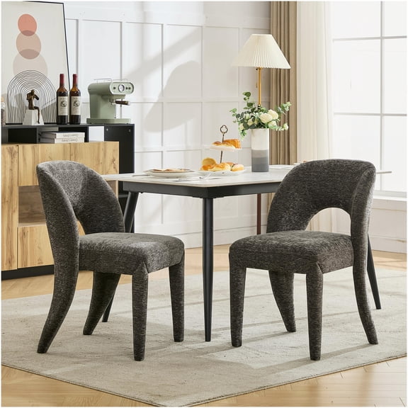 Grey Chenille Dining Chairs Set of 2, Modern Hollow Back Restaurant Kitchen Side Chairs with Soft Padded Seat