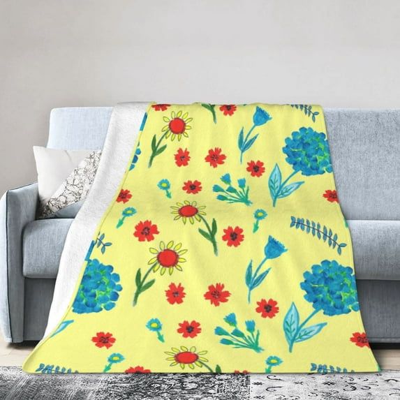 DouZhe Ultra-Soft Micro Fleece Lightweight Flannel Bed Blanket, Retro Yellow Flower Design Print Cozy Warm Throw Blankets, 40"x30"