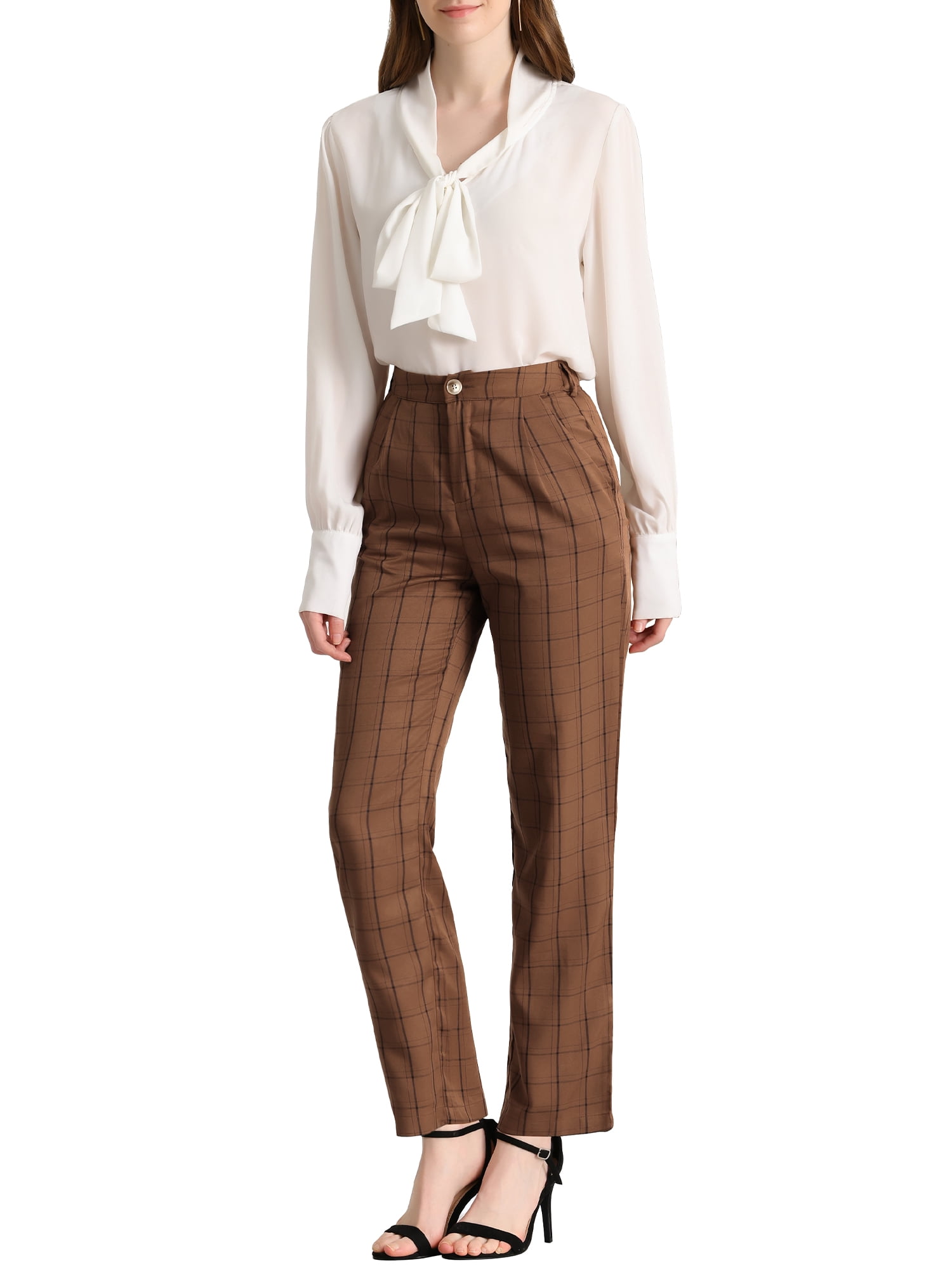DARING DIVA Women's Plaid Trousers Pockets Straight Leg Casual Pant M Dark Brown black