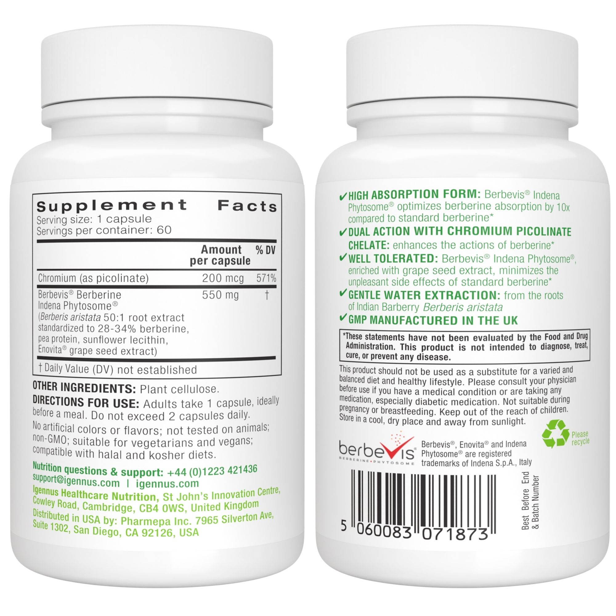 Igennus Dual Action Berberine Phytosome 550mg & Chromium Picolinate, 10x Absorption, Blood Glucose Control, Standardized Berberis Extract Supplement, Clean Label, Vegan, 60 Capsules
