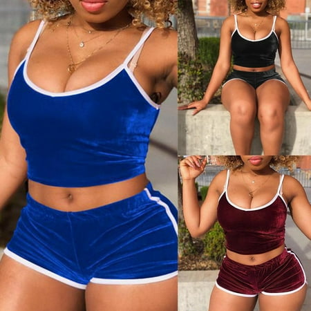

Hopeup 1 Set Crop Top Shorts Solid Color Off Shoulder Summer Sexy Suspenders Pajama Set for Wedding Night