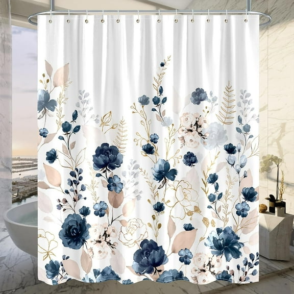 Navy Blue and Gold Flower Shower Curtain,Boho Watercolor Floral Leaves Cute Fabric Shower Curtains Set for Bathroom Decorative with Hooks Beautiful Bath Decor-72"W x 72"L (Pack of 1)
