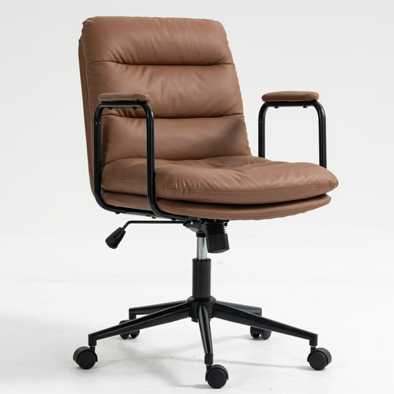 PAPROOS Office Chair with Arms, Mid Back Home Office Desk Chair with Padded Armrest, Ergonomic PU Leather Task Chair Rolling Swivel Chair with Wheels, Brown