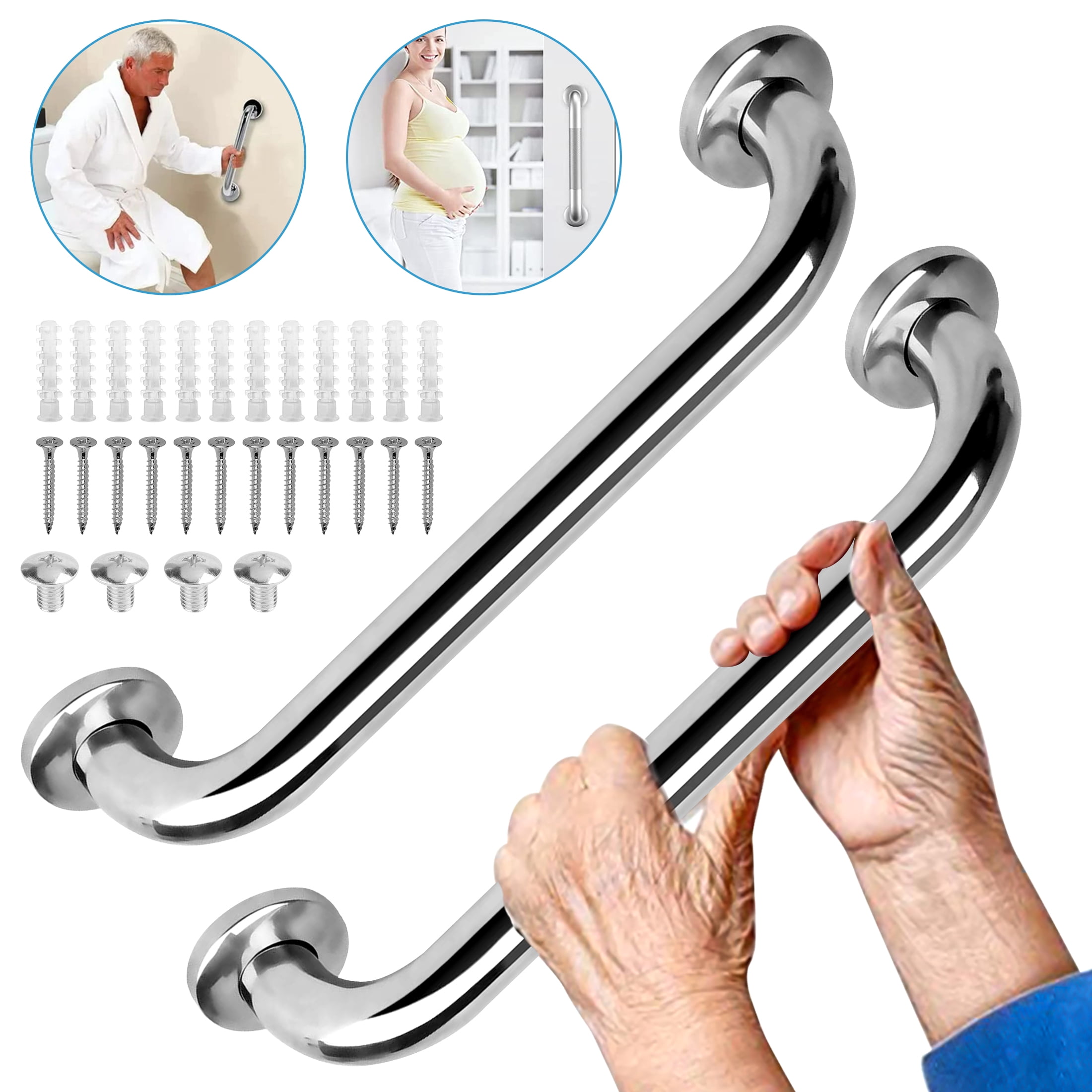 2pcs Shower Grab Bar, EEEkit 12in Stainless Steel Bathroom Grab Bar, Shower Handle, Safety Hand Rail Support, Bathroom Balance Grip Bar, Senior Assist Bath Handle for Handicap Elderly Injury Pregnant