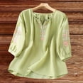 thumbnail image 2 of Uooqdmx Women's Cotton Linen Shirts Peasant Tops Boho Peasant V Neck T Shirts for Women Bohemian Blouses Short Sleeve Blusas De Lino Para Mujer Womens Casual Outfits Light Green M, 2 of 4
