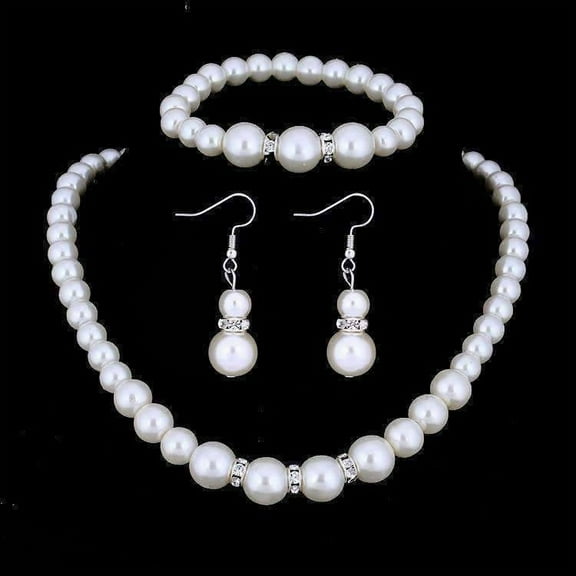 Ivory Pearl and Crystal Bead Necklace Bracelet and Earrings Set