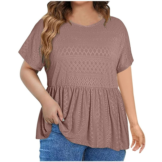 AherBiu Plus Size Tops for Women Eyelet Ruffle Boho Beach Vacation Shirts Short Sleeve Flowy Blouse