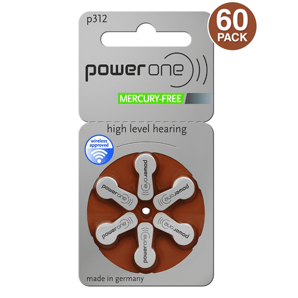 Power One Size 312 1.45V Zinc Air Mercury-Free Hearing Aid Batteries (60 pcs)