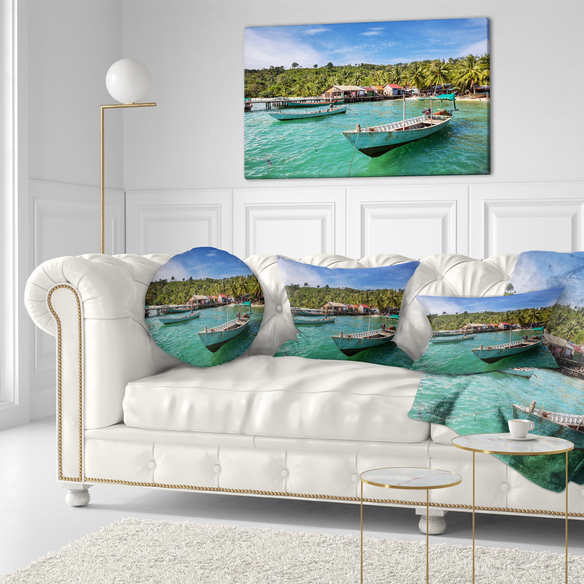 Designart Fishing Boats in Kep Cambodia - Seashore Throw Pillow - 12x20