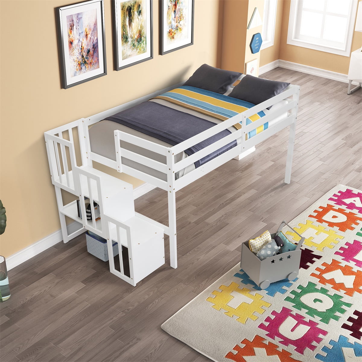 Lowestbest-Staircase Loft Bed with Stairs Storages, Twin Size Solid Wood Bunk Bed for Kids, White Lowestbest-Staircase Loft Bed with Stairs Storages, Twin Size Solid Wood Bunk Bed for Kids, White