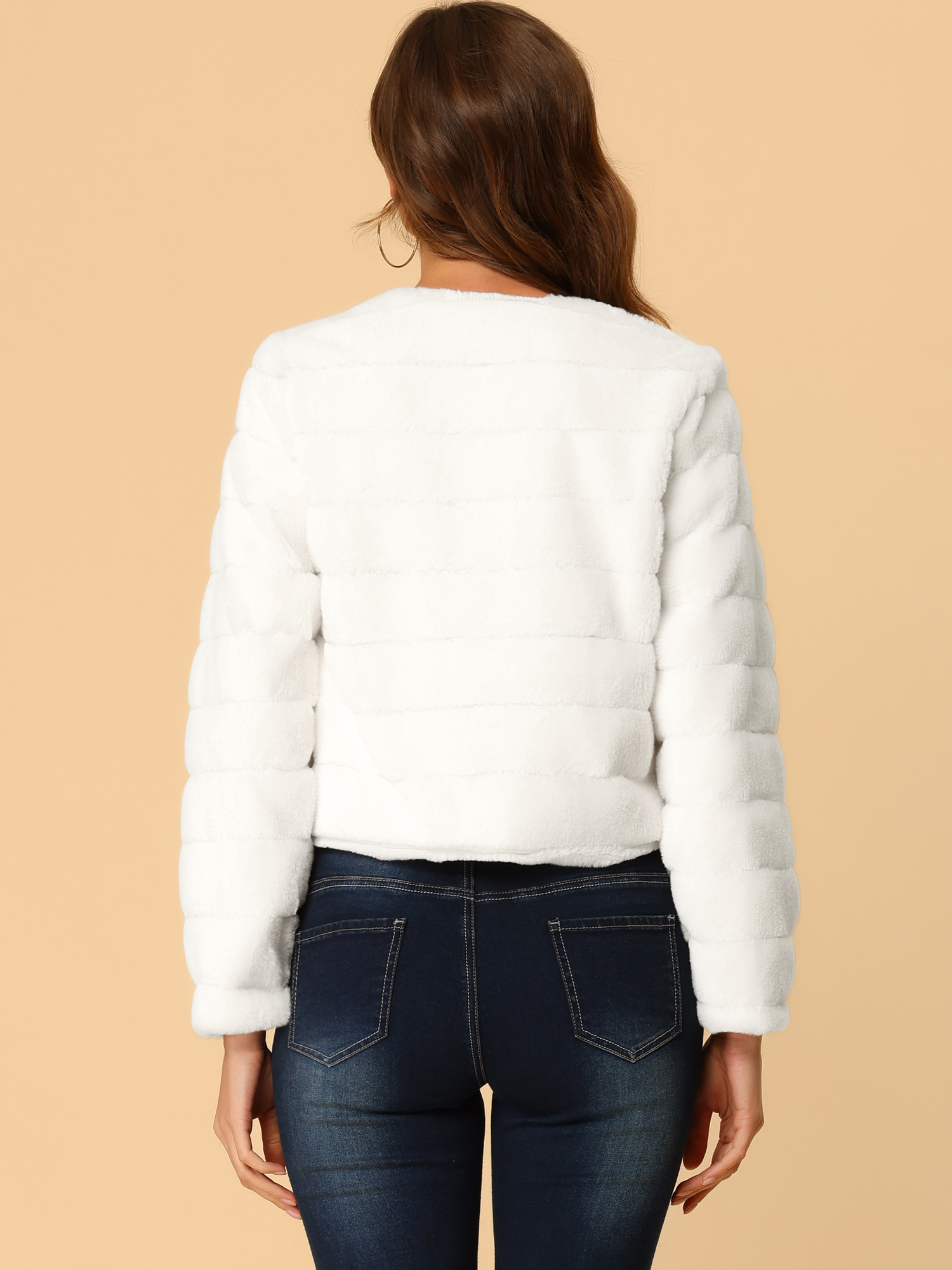 DARING DIVA Women's Long Sleeve Collarless Shaggy Soft Faux Fur Coat S White