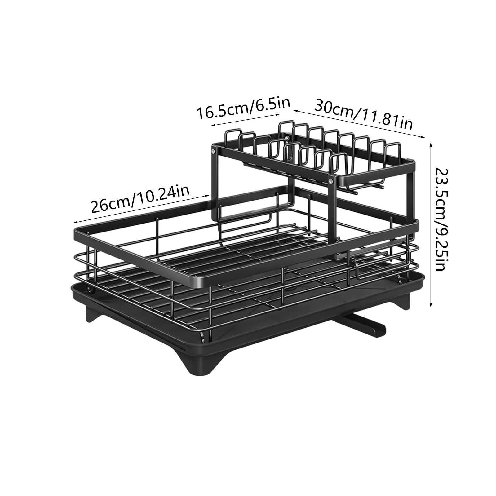 Dish Drying Rack Carbon Steel 2 Tier Draining Rack, Bowl Plate Chopstick Storage with Water Drain Tray, Countertop Dish Organizer for Kitchen Sink and Counter