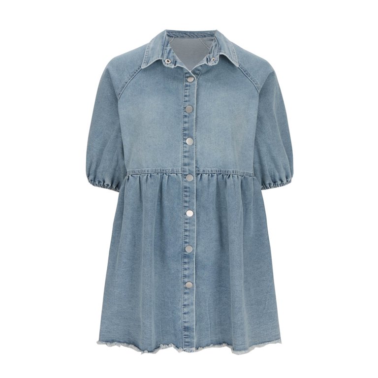 cfhntfmh Shirts Dress for Women Half Sleeve Lapel Collar Trendy Mini Denim  Dress Distressed Buttons down Frayed Hem Jean Dress - Walmart.com