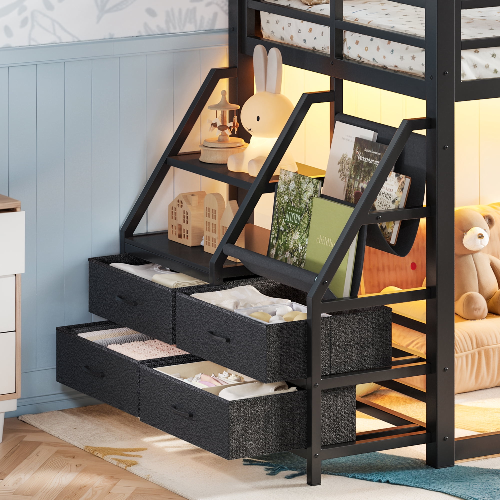Leumius Metal Bunk Bed Twin over Twin with Storage Shelves and Drawers,Metal Bunk Bed Frame with LED Lights,No Box Spring Need,Black