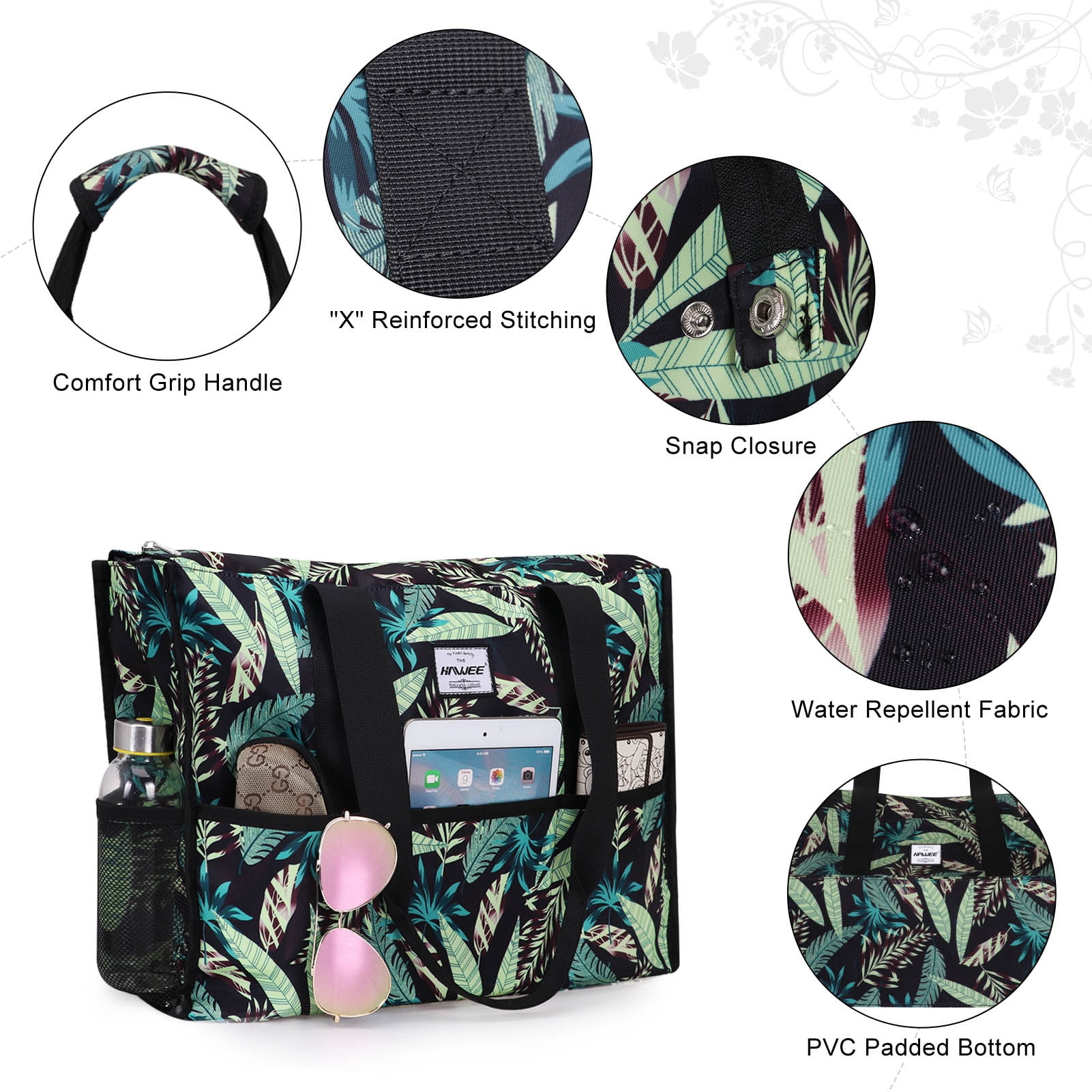 HAWEE Womens Large Utility Tote Bags for Work with Laptop Pocket and Luggage Sleeve Top Zipper Closure, Green Leaf