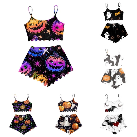 LILIYA Halloween Cute Pajama Sets for Women Print Round Neck Spaghetti Strap Ruffle Crop Top and Shorts 2 Piece Sleepwear Sets Baggy Cozy Nightwear for Women
